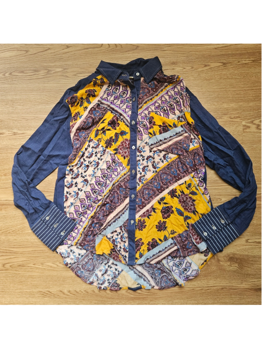 Oddy Boho Western Patchwork Colorful Button Down Long Sleeve Womens Small Floral